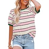 Dokotoo Womens Summer Tops 2026 Striped Color Block Short Sleeve Fashion T-Shirts Crewneck Casual Loose Basic Tee Blouses