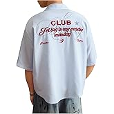 GORGLITTER Men's Striped Boxy Button Up Shirt Letter Embroiderd Short Sleeve Collar Top