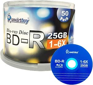 Smartbuy 150 Pack BD-R 25GB 6X Blu-ray Discs - Printable White Inkjet Blank Media Spindle