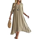 heipeiwa Women's Linen Dresses 3/4 Sleeve A-Line Casual Flowy Elegant Loose Vacation Formal Midi Maxi Dress