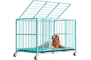 DOCAGT Blue 48 in Heavy Duty Dog Crate Steel Escape Proof, Indoor Double Door High Anxiety Cage, Removable Tray, Kennel with Wheels,XL XXL