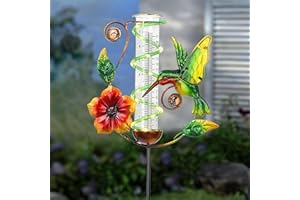 BAYN 36.3” Rain Gauge Outdoor Solar Powered 10 LEDs 7” Tube Garden Hummingbird Metal Decorative Stake with Waterproof Large Glass Tube Rain Guage for Yard, Garden, Patio, Lawn