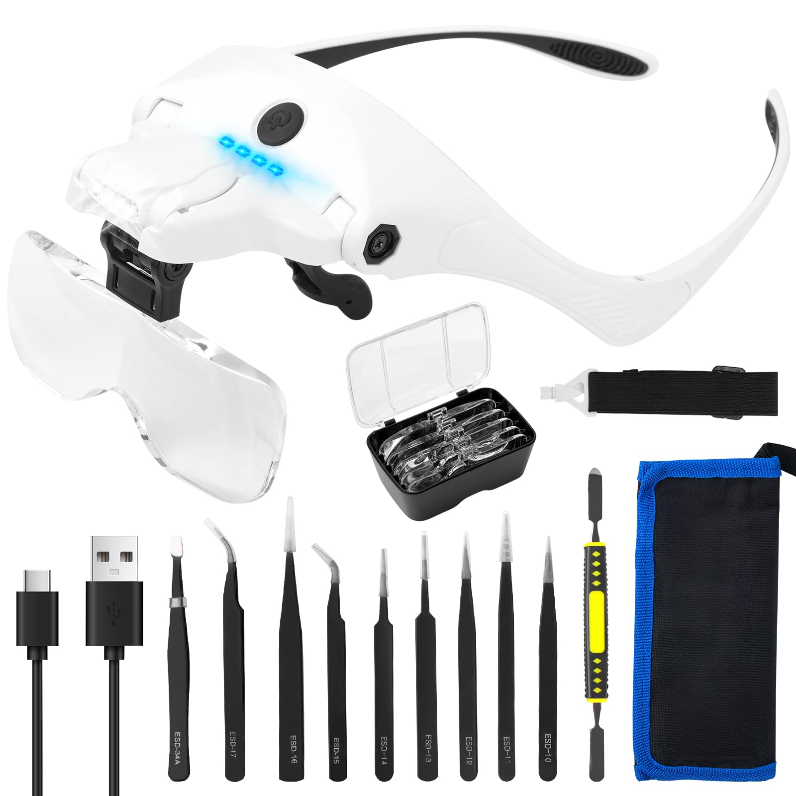 Cuteefun Magnifying Glass with Light, Rechargeable Headband Magnifier with 4 Led, 2 Brightness Levels, 5 Lenses 1x To 3.5x, Adjustable Lens And Light Angle, 10 Tweezers, Head Loupe for Repair, Craft