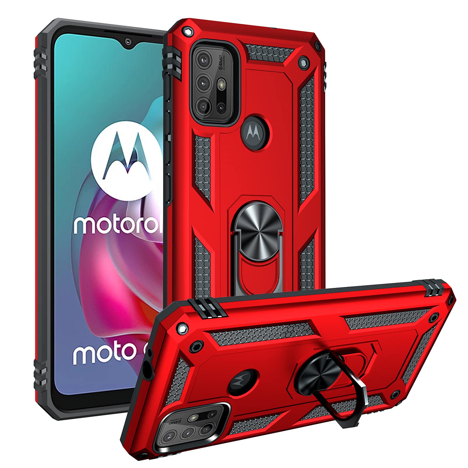 SHIEID Rugged Armor Case for Motorola Moto G30/G10 Shockproof and Bumper Back Cases with Kickstand Function Protective Phone Cover for Motorola Moto G30/G10-Red