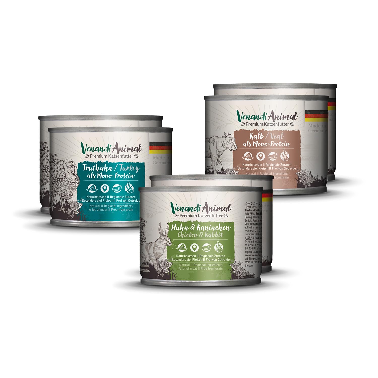 Venandi Animal Premium wet food for cats, trial pack II, chicken + rabbit, veal, turkey, 6 x 200 g, grain-free and natural, 1.2 kg