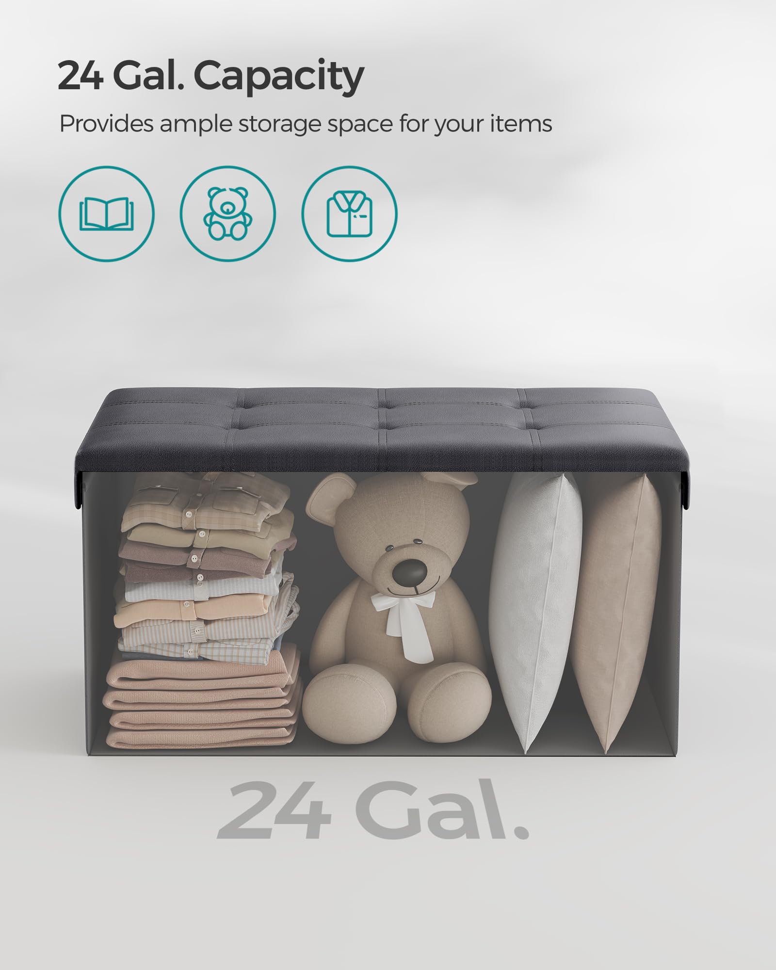 SONGMICS 30 Inches Folding Storage Ottoman Bench, Storage Chest, Footrest, Coffee Table, Padded Seat, Faux Leather, Holds up to 660 lb, Dark Gray ULSF040G01