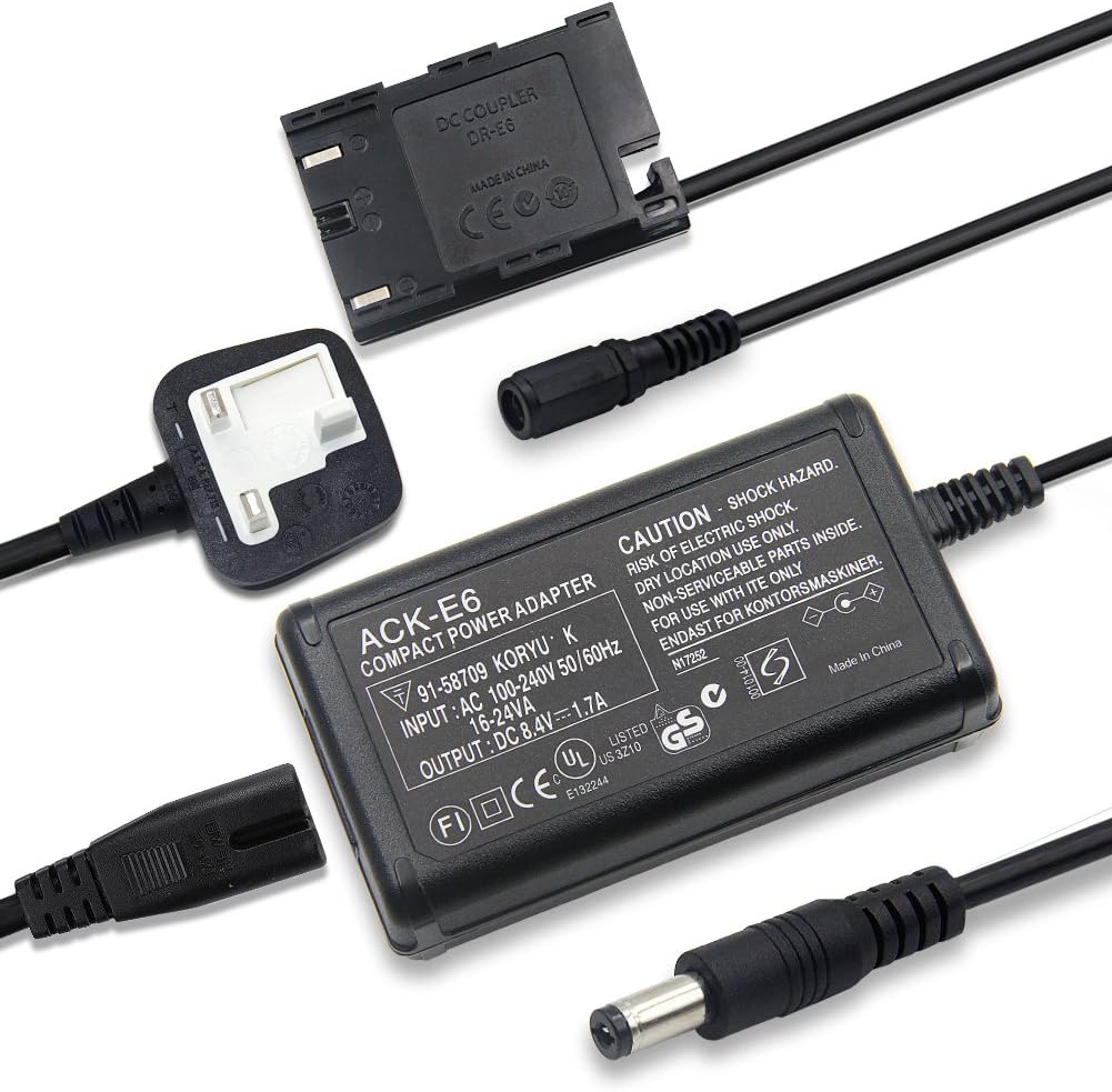 ACK-E6 AC adapter+LP-E6 Fully Decoded Smart Chip DR-E6 dc coupler for Canon EOS 5DS, 5DS R, 5D Mark II, 5D Mark III, 5D Mark IV, 60D, 60Da, 6D, 70D, 7D, 7D Mark II, 80D DSLR Camears