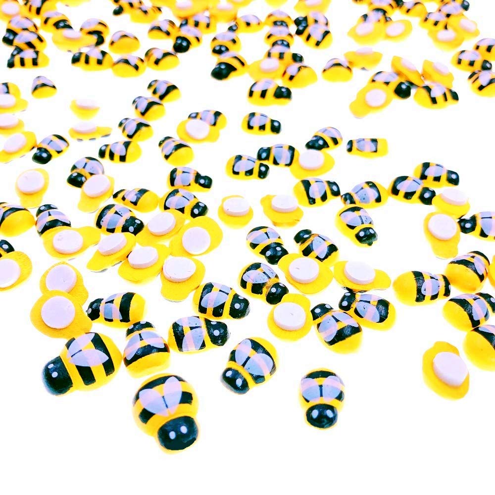 JZK 200 x Mini Wooden Yellow bee with Adhesive 9x12mm & 12x15mm Ornament for Decorating Honey jar Wedding Birthday Favour Box Decoration
