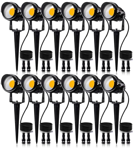 SUNVIE 12W LOW VOLTAGE LED LANDSCAPE LIGHTS WITH CONNECTORS, OUTDOOR 12V SUPER WARM WHITE (900LM) WATERPROOF GARDEN PATHWAY LIGHTS WALL TREE FLAG SPOTLIGHTS WITH SPIKE STAND (12 PACK WITH CONNECTOR)