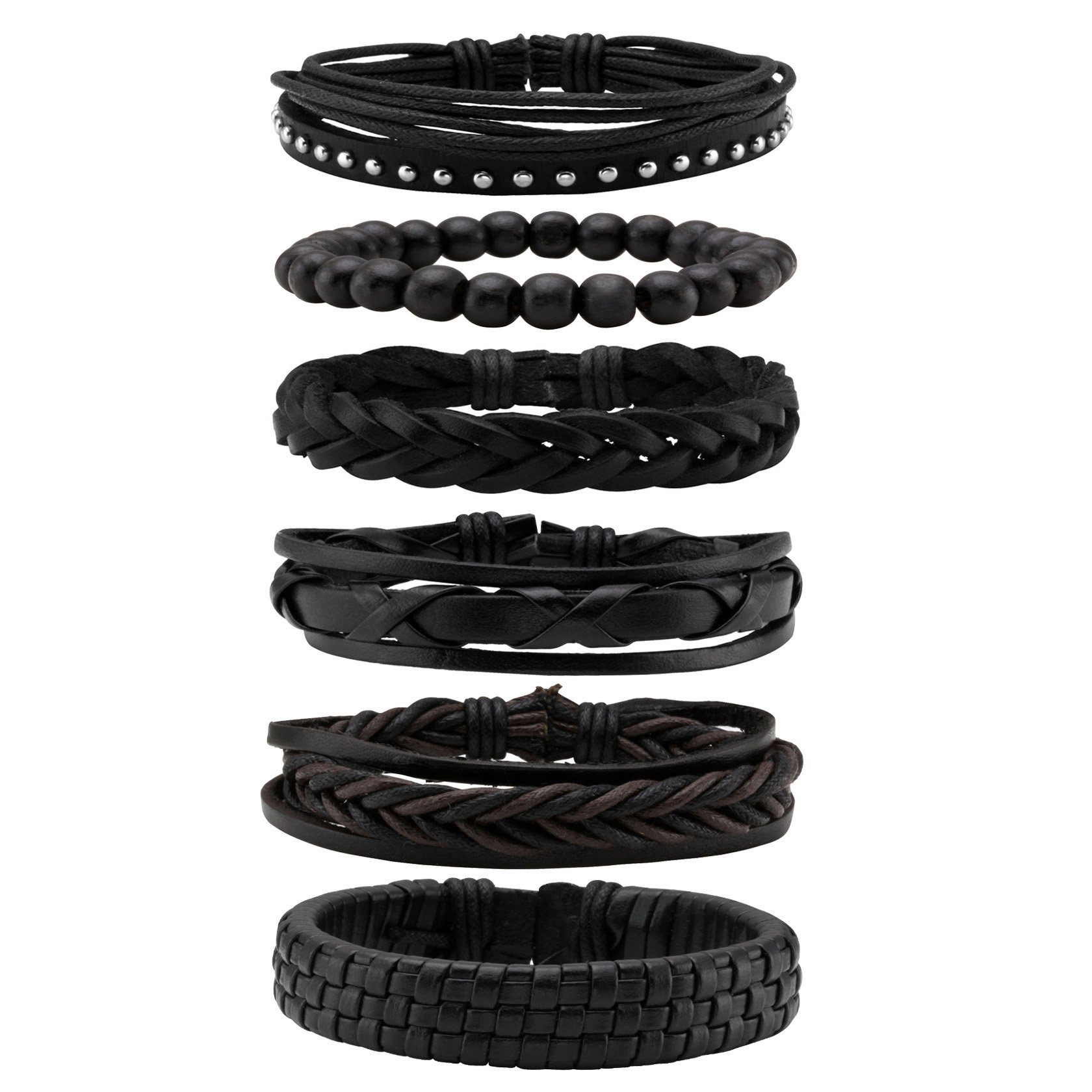MILAKOO 6 Pcs Black Braided Leather Bracelets for Men Women Cuff Wrap Wristbands