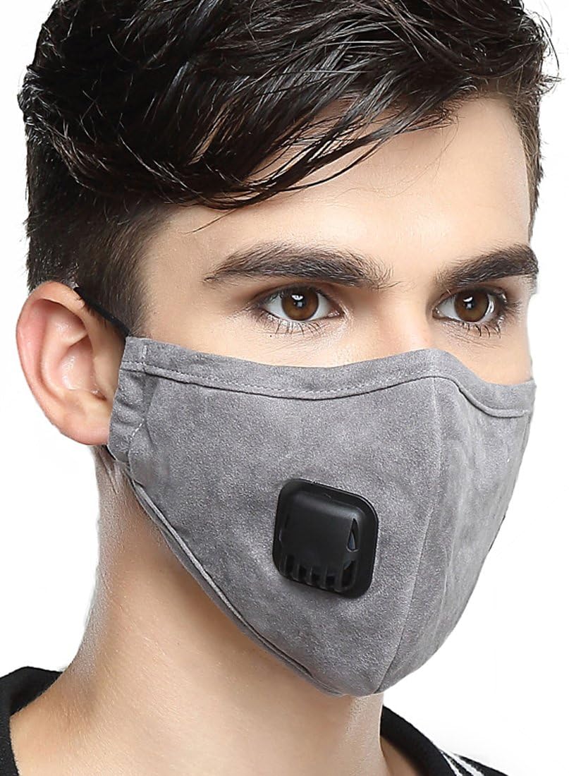 Healthyair Masks PM 2.5 Anti Pollution Mask with Valve Pynogeez Washable Dust Respirator Cotton Mouth Masks with Replaceable 5 Layer Filter (Mask + 2 Filters) (Grey, Large(Men's）)