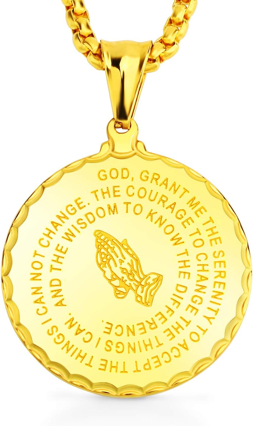 Men Women Bible Verse Prayer Necklace Christian Jewelry Stainless Steel Gold Black Praying Hands Coin Medal Pendant