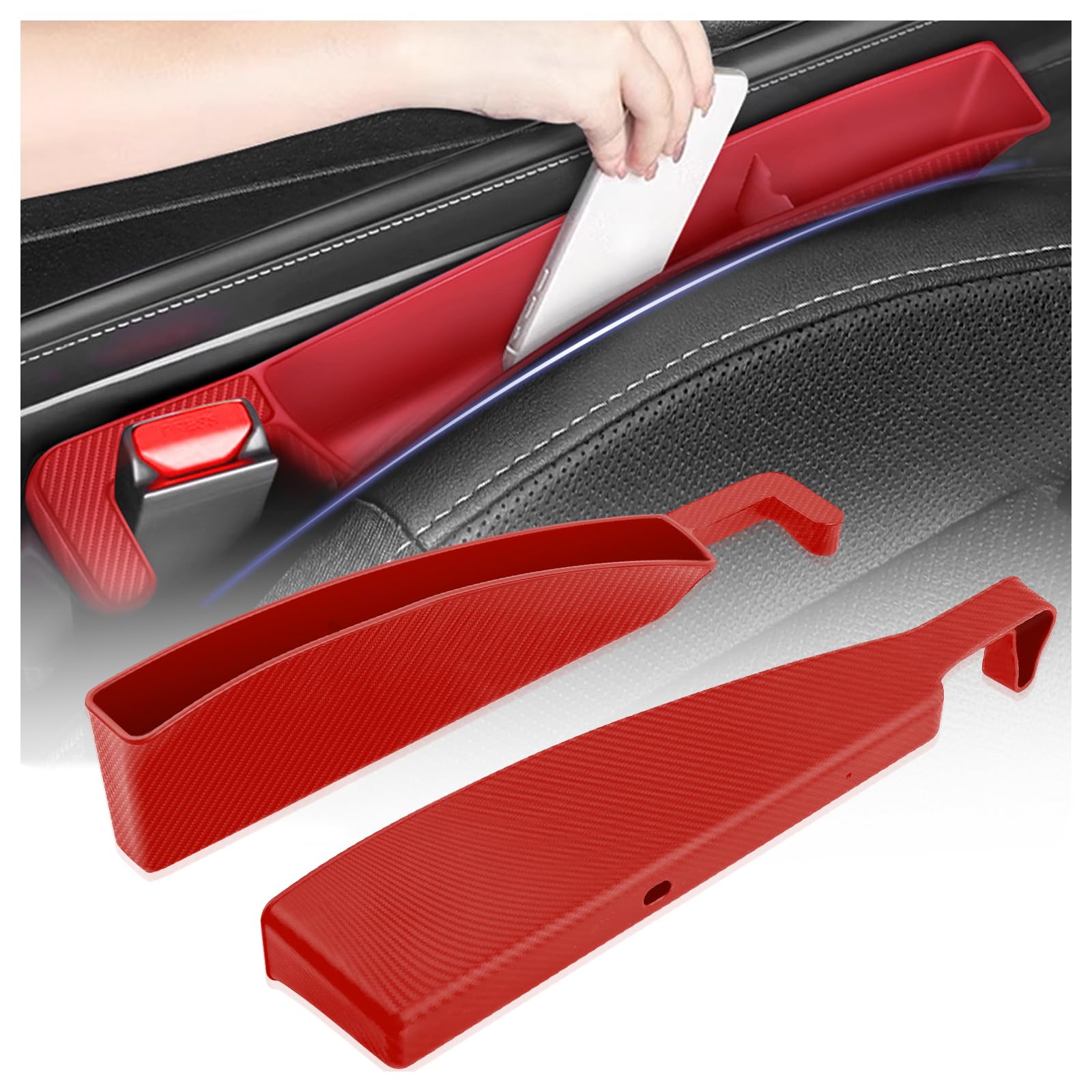 Photo 1 of 2PCS Car Seat Gap Filler Organizer with Charging Opening,Multifunctional Car Gap Filler Stop Things from Dropping,Universal Car Accessories Car Seat Storage Box (Carbon Red)