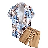 COZYEASE Men's 2 Piece Hawaiian Summer Outfits Short Sleeve Button Down Shirt and Shorts Set Beach Tracksuits