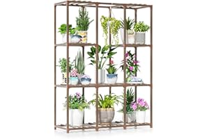 Blvornl Plant Stand Indoor Outdoor, Rectangle 4 Tiers 10 Pots Wood Plant Rack Holder Tall Large Plant Shelf, Flower Pots Assembled Plant Stand for Patio Lawn Window Balcony Living Room Hallway Garden