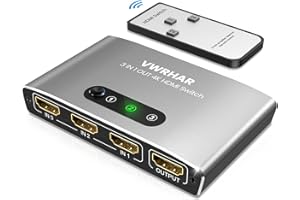 VWRHAR HDMI Splitter Switch 3 in 1 Out 4K UHD HDMI Switcher Splitter, Automatic Switch with Remote Metal HDMI Switch Box Hub Support 4K 3D 1080P HDCP1.4 for PS5 PS4 Xbox DVD Player Fire Stick Apple TV PC