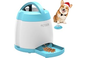 PETGEEK Automatic Dog Treat Dispenser, Interactive Pet Toy Food Dispensing for IQ Training, Dog Food Dispenser with Button Remote Push, Dual Power Supply for Indoor Outdoor Use, Blue