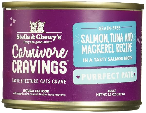 STELLA & CHEWY’S CARNIVORE CRAVINGS PURRFECT PATÉ – PREMIUM GRAIN-FREE WET CAT FOOD – SALMON, TUNA & MACKEREL RECIPE – HIGH PROTEIN WITH BONE BROTH – PERFECT FOR PICKY EATERS – 5.2OZ CANS (8 PACK)