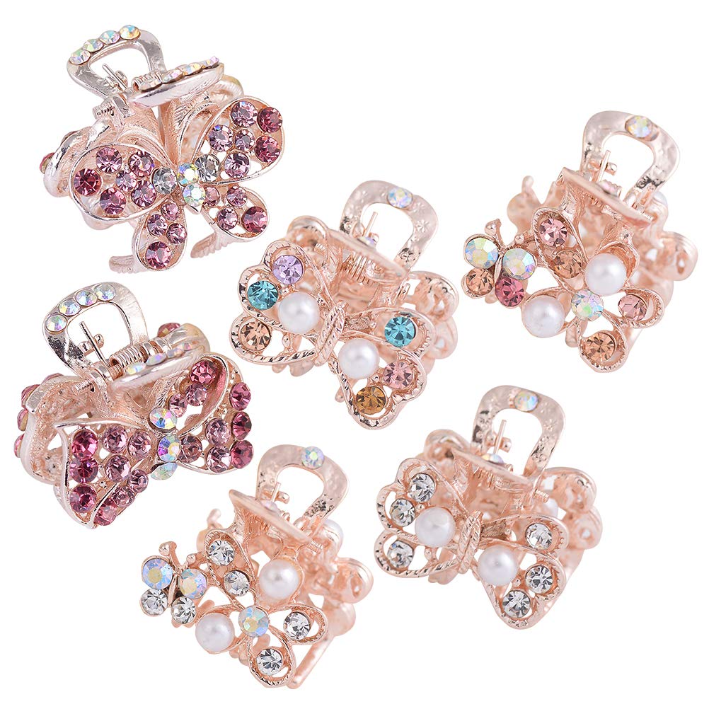 6pcs Small Rhinestone Hair Claw Clips for Women Girls Heart Bow Design Chunky Jaw Accessories Unique Teeth for Easy Styling for Daily Use