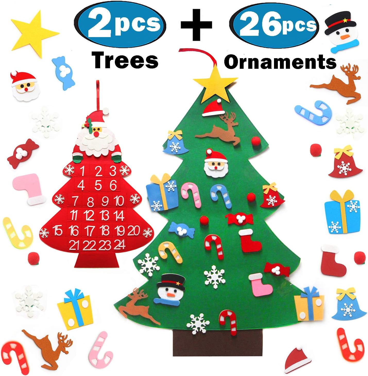 Originalidad Felt Christmas Tree Set- DIY Christmas Tree with 26 Pcs Detachable Ornaments & Christmas Countdown Calendar with 24 Days Pockets for Kids Xmas Gifts Christmas Decorations
