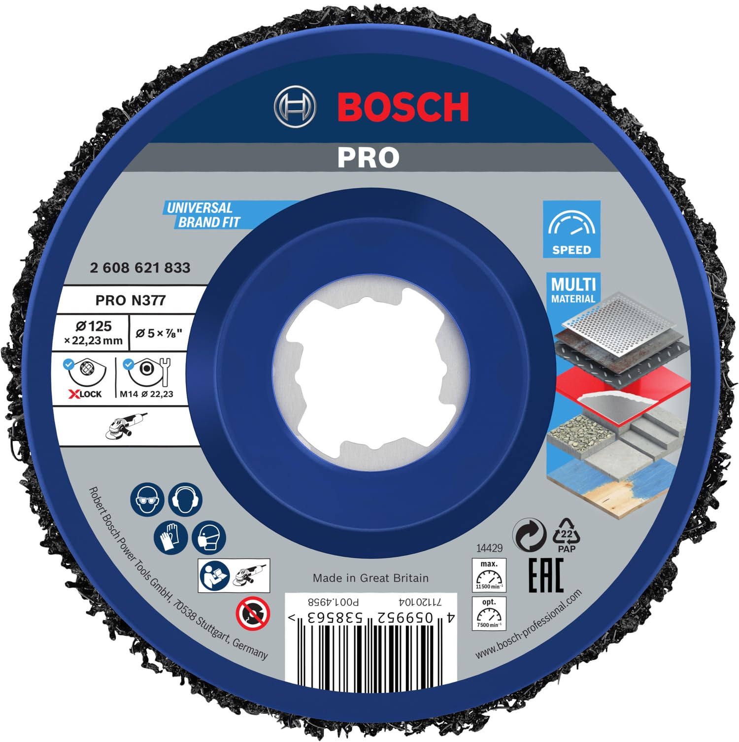 Bosch 1x PRO Multi Material Cleaning Disc N377 for Small Angle Grinders and X-Lock (for Steel sheets, Steel, Ø 125 mm, Grit, Professional Accessory Small Angle Grinder)