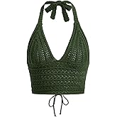 Women Sexy Hollow Out Crochet Crop Halter Tops Y2K Knitted V Neck Sleeveless Backless Lace Up Crop Cami Tank Beachwear