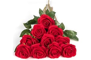 DuHouse 10pcs Fake Roses Artificial Silk Flowers Faux Rose Flower Long Stems Bouquet for Arrangement Wedding Centerpiece Party Home Kitchen Decor(Red)