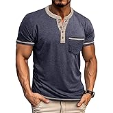 Mens Henley Shirts Short Sleeve Casual Button Basic T-Shirts Summer Classic Vintage Tee Shirts with Pocket
