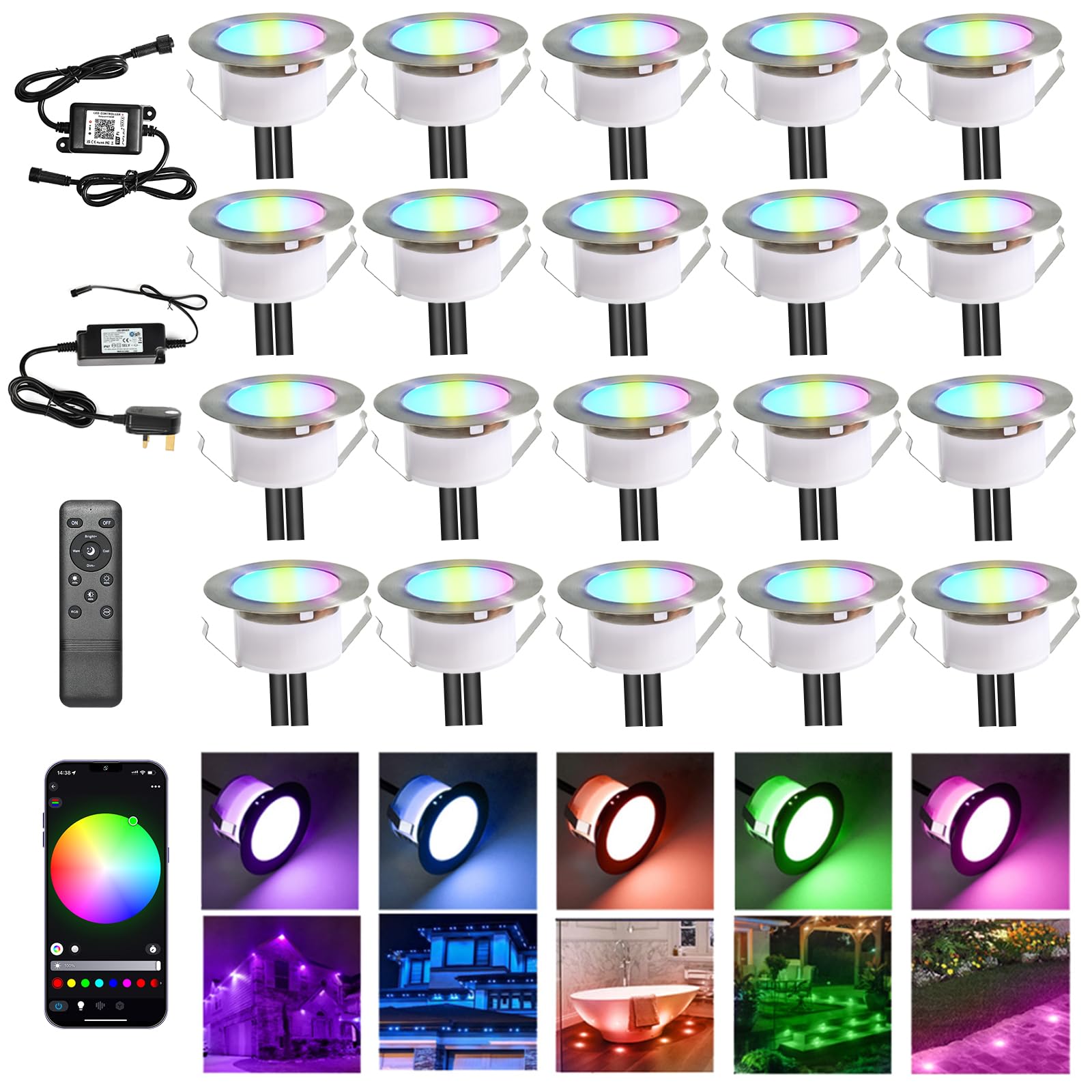 INDARUN RGBW WiFi Led Decking Lights Waterproof IP67 Ø61MM - Led Plinth Light Kits for Terrace/Patio/Path/Wall/Garden/Decoration, 20 Packs