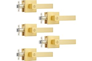 Leydebong 5 Pack Gold Door Handles, Door Knobs Interior Gold Square, Privacy Interior Door Levers Bedroom and Bathroom Door Handles Keyless Bed/Bath Lockset