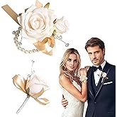 Aunthvra Champagne Corsage and Boutonniere Set for Bride Groom, Artificial Rose Flower Wrist Corsage Bracelets Homecoming Flowers Prom Suit Accessories Boutonniere for Wedding Decorations