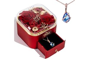 Otuo Preserved Roses Gift Jewerlry Box, Real Eternal Rose Flower with Necklace, Gifts for Girlfriend, Mom, Women, Wife, Birthday and Valentine's Day (Red-2)