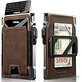 LORZOR Slim Tactical Wallet for Men- Minimalist Front Pocket Full Grain Leather Wallet for 10 Cards, RFID Blocking Aluminum Cardholder, Smart Pop Up Card Case, Money Clip, Gift Boxed(DistressBrown)