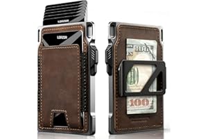 LORZOR Slim Tactical Wallet for Men- Minimalist Front Pocket Full Grain Leather Wallet for 12 Cards, RFID Blocking Aluminum Cardholder, Smart Pop Up Card Case, Money Clip, Gift Boxed(DistressBrown)