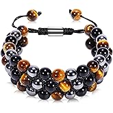Ckkllws Triple Protection Bracelet, Genuine Tigers Eye Black Obsidian and Hematite 8mm Beads Bracelet for Men Women, Crystal Jewelry Stone Bracelets Gifts for Men Bring Luck Prosperity