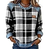 Plaid Pullover Sweatshirt for Women Casual Long Sleeve Crewneck Top Denim Patchwork Loose Fit Fall Winter Outfits