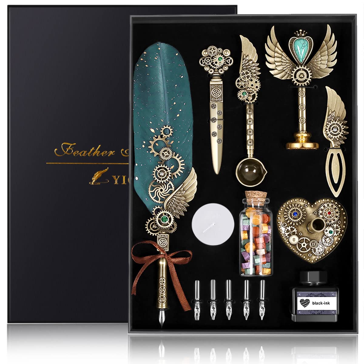 YICMY Quill Pen and Ink Set, Feather Pen Calligraphy Set, Quill Pen with Wax Seal Stamp Set, Stationery Gift for Handwriting Lovers Birthday Christmas Valentine’s Day