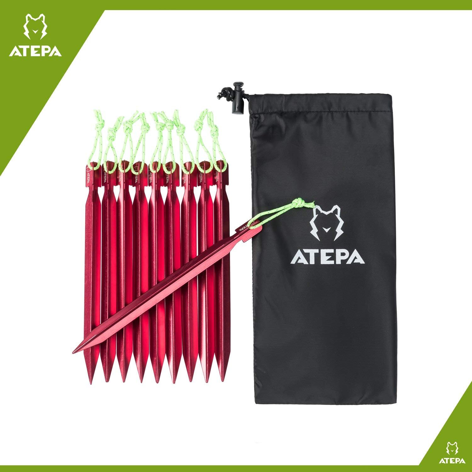 ATEPA Aluminum Outdoor Tent Kit with 10 Tent Stakes Attached Reflective Pull Cords And 4 Pieces Reflective Guy Ropes Attached Guy Line Adjuster