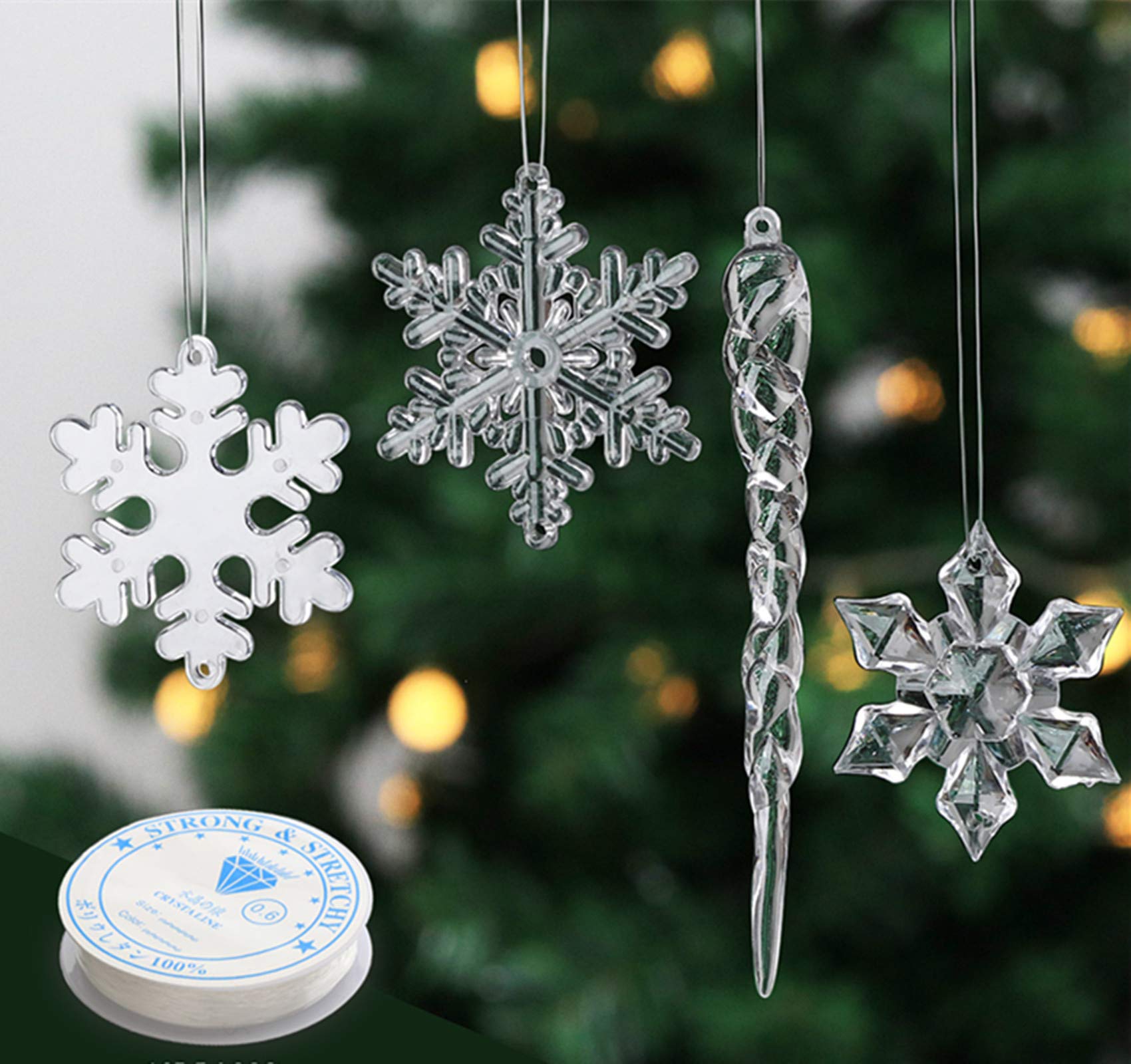 Anstore 24PCS Christmas Decoration Acrylic Snowflake Icicle Ornaments with Crystal Line Clear Xmas Hanging Icicles Snowflake Pendants for Christmas Tree Decorations Party Holiday Winter Decor