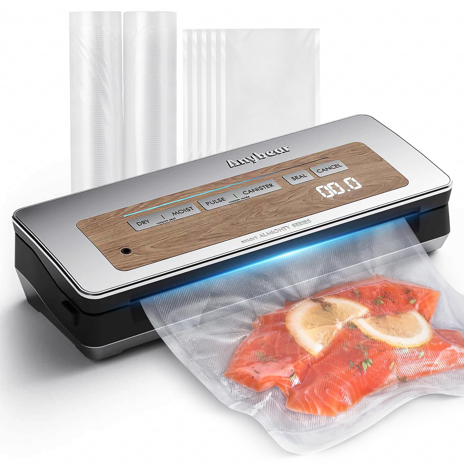 Photo 1 of Anybear Vacuum Sealer Machine, 90kPa 120W Wide Seal All-IN-1 Powerful Food Storage, Build-in Cutter | Bags Storage | Digital Countdown Display | 2 Bag Rolls and 5pcs Pre-cut Bags (Silver Wood Grain)