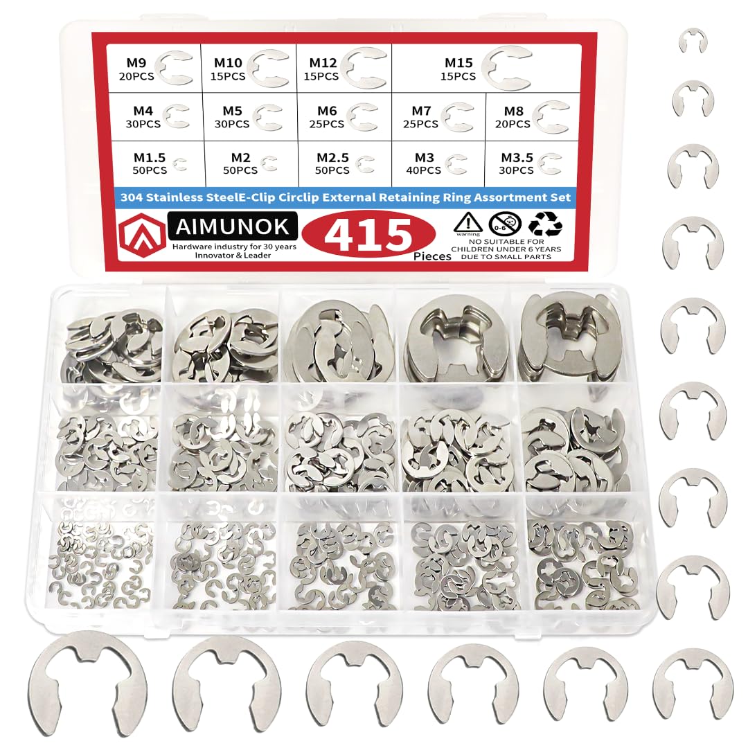 AIMUNOK 415Pcs E-Clip External Retaining Rings Snap Rings Assortment Set, 304 stainless steel C-Clip Kit, 14 SAE Sizes Circlip Snap Rings M1.5- M15