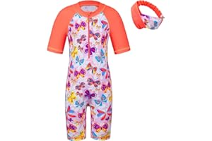 BAOHULU Girls One Piece Swimsuit with Matching Hairband UPF 50+ UV Long Sleeve Bathing Suit Zipper Beach Rashguard Swimwear