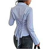 SweatyRocks Women's Striped Lace Up Tie Back Shirt Button Down Long Sleeve Collared Blouse Top