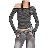 TYHOTULY Women Y2k Striped Shirt Grunge Aesthetic Alt Emo Cropped Off-Shoulder Tee Vintage Punk Girl Clothes Streetwear Tops