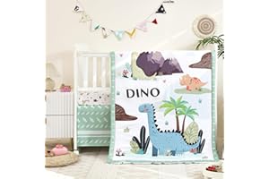 NacoMoco 3-Piece Crib Sets for Boys - Ultra Soft Baby Boy Crib Bedding Set Includes Crib Comforter, Sheet & Skirt (Dinosaur)