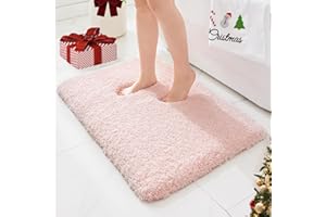 ILANGO Pink Christmas Bathroom Rugs 24" × 17" Non Slip & Super Absorbent Extra Thick Soft, Washable Bath Mat for Floor, Non Shedding Microfiber Plush Holiday Bath Rug with Rubber for Shower Sink