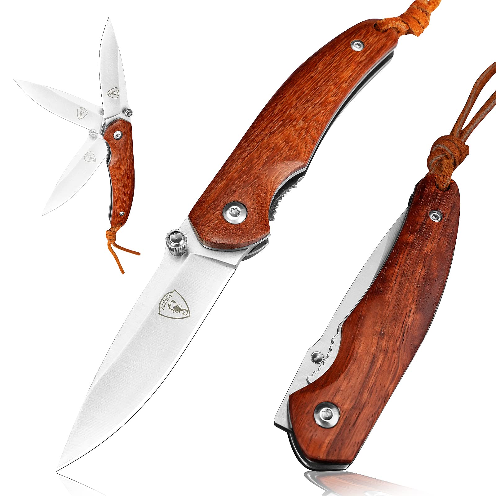 AUBEY Taschenmesser Klein, Scharfes Klappmesser Mini Messer mit 440 Stahl Klinge, Holzgriff, Liner Lock - EDC Messer Pocket Knife für Outdoor Survival Jagd Angeln Geschenk Sammeln 9