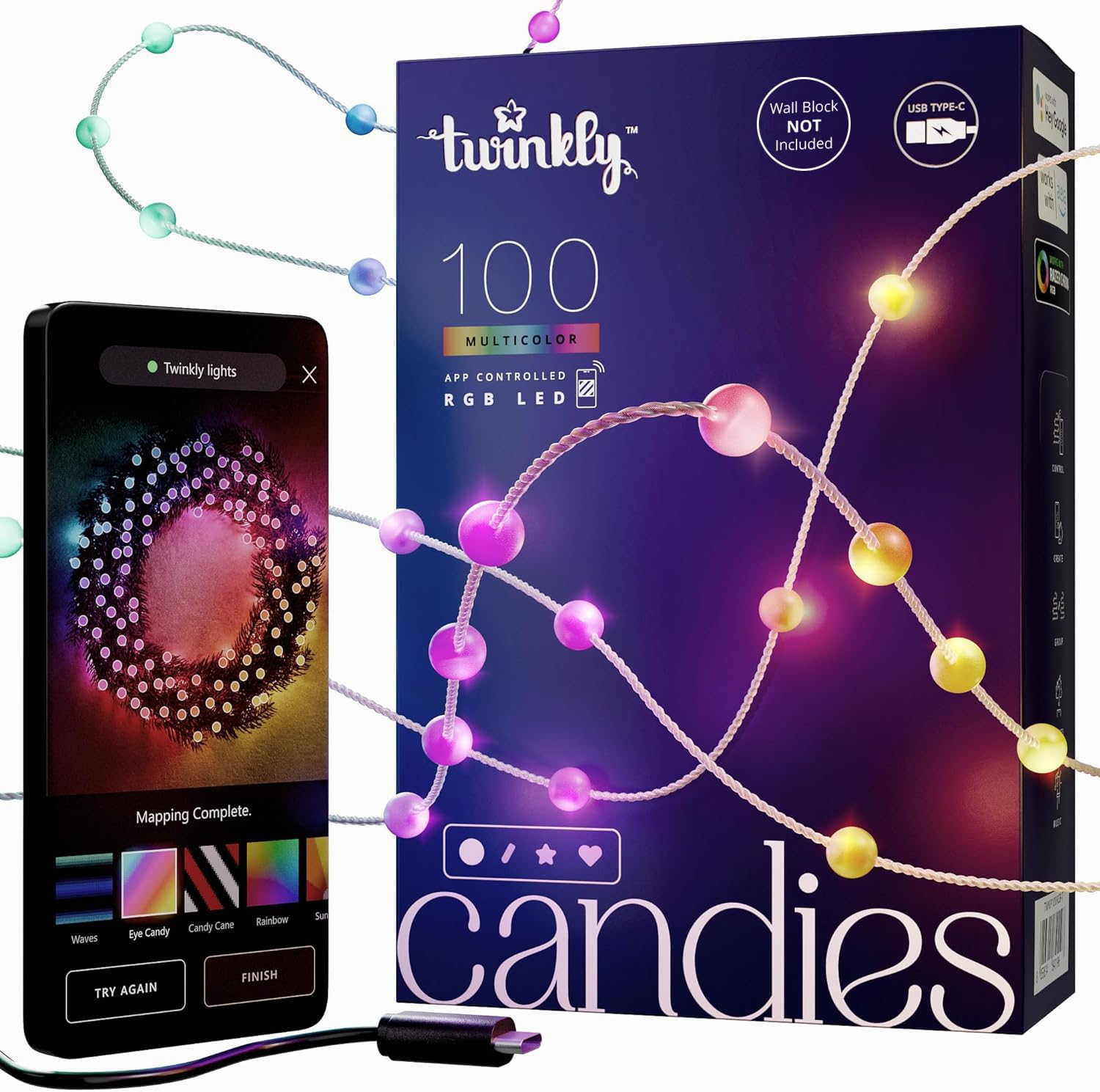 Photo 1 of Twinkly Strings USB-C Pearls 100 LED, Pearl-Shaped LED Light String, RGB Multicolor LED Lights, Valentine's Day Lights, Compatible with Alexa, Google Home, USB-C Power, Transparent Wire, 19.7ft