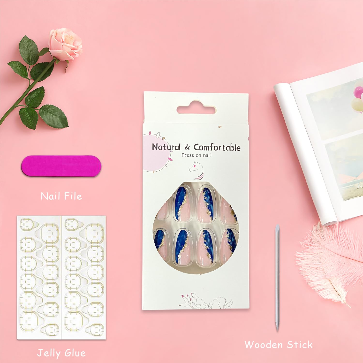 Gold Foil Blue Marble Fake Acrylic Nails Medium Almond Press on Nails Mirror Artificial Glue on Nails Full Cover Reusable False Nails for Women Girls DIY Nail Art - Image 5