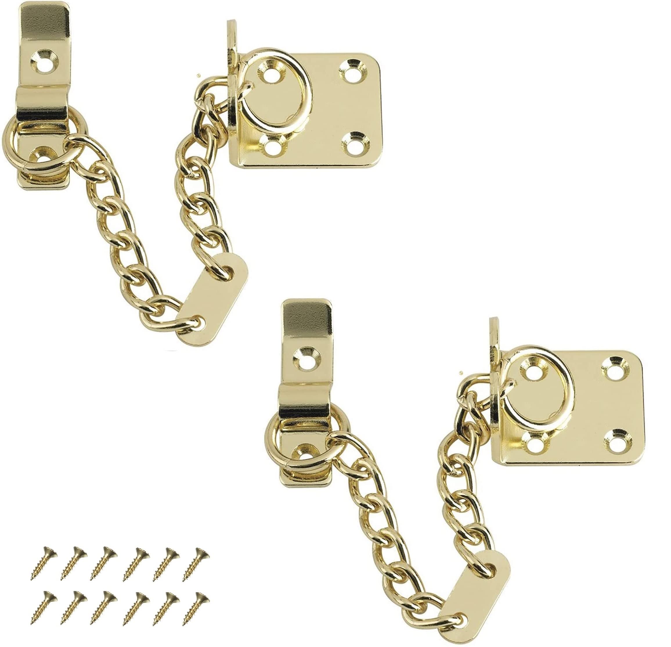 TERF® Heavy Duty Door Chain Polished Brass Narrow Design Door Internal and External Front and Back Door Restriction Limiter Security Lock Safety Guard Chain for Wooden and UPVC Doors - Pack of 2